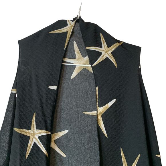 Made in Mexico Sleeveless Long Duster Black Gold Starfish Print Handkerchief Hem - Picture 3 of 5